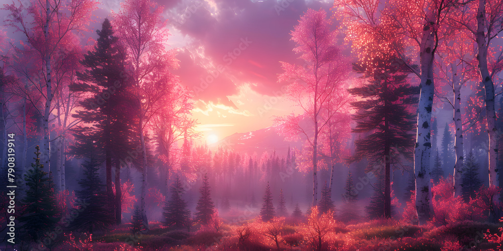 Pink-Violet Forest Scene - White Tree, Soft Moss, Purple Mountains, Sunset