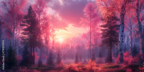 Pink-Violet Forest Scene - White Tree  Soft Moss  Purple Mountains  Sunset