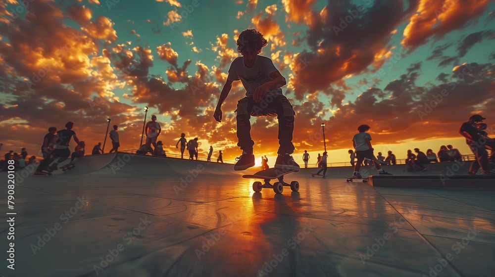 Dynamic Sunset Skateboarders, generative ai - obrazy, fototapety, plakaty 