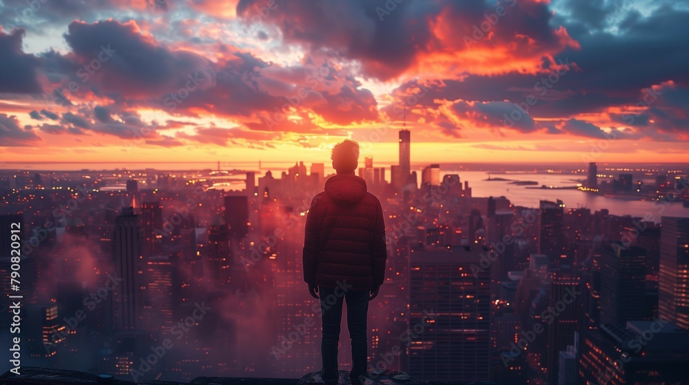 Ambition at Dawn: Young Entrepreneur Overlooking City Skyline, generative ai