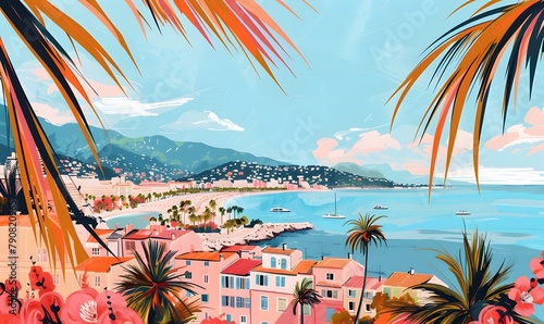 A vibrant gouache illustration of the French Riviera, with pastel pink and orange tones,Generative AI  photo