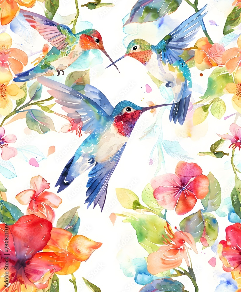 Fototapeta premium seamless pattern of watercolor hummingbirds, with flowers and branches