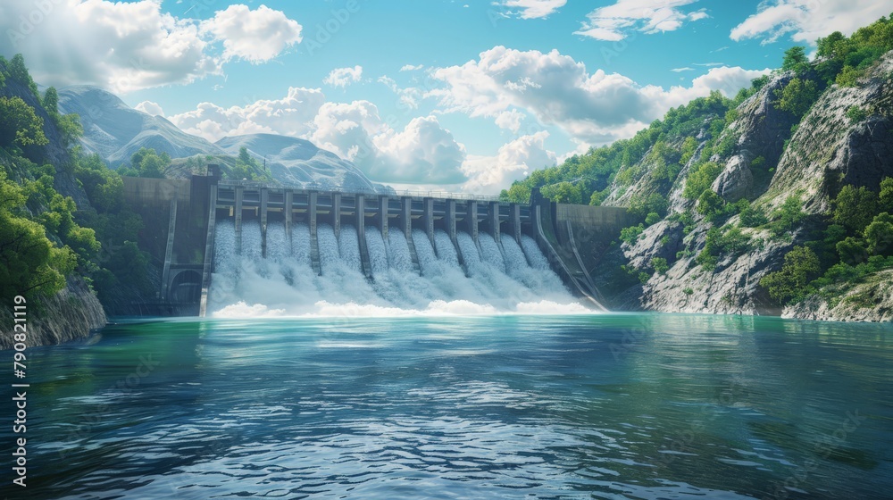 A photorealistic image of a hydroelectric dam generating clean energy from the power of flowing water, surrounded by a scenic natural landscape.