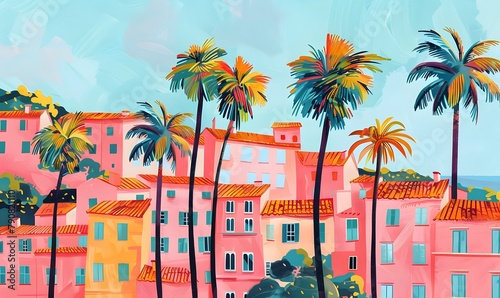 A vibrant gouache illustration of the French Riviera, with pastel pink and orange tones,Generative AI  photo