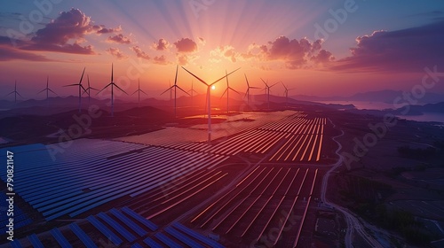 Sunset Glow on Sustainable Power, generative ai photo