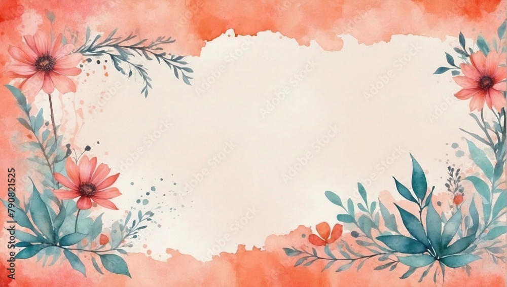 Coral Background with Texture and Vintage Grunge Elements, Watercolor Accents.
