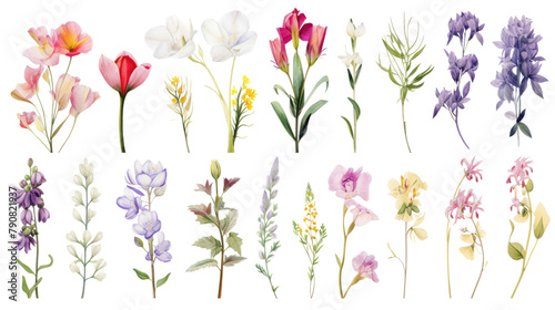 Set of watercolor wildflowers painting isolated on clear png background and transparent background. Fresh and nature concept for nature decorative and flower element  AI generative. 