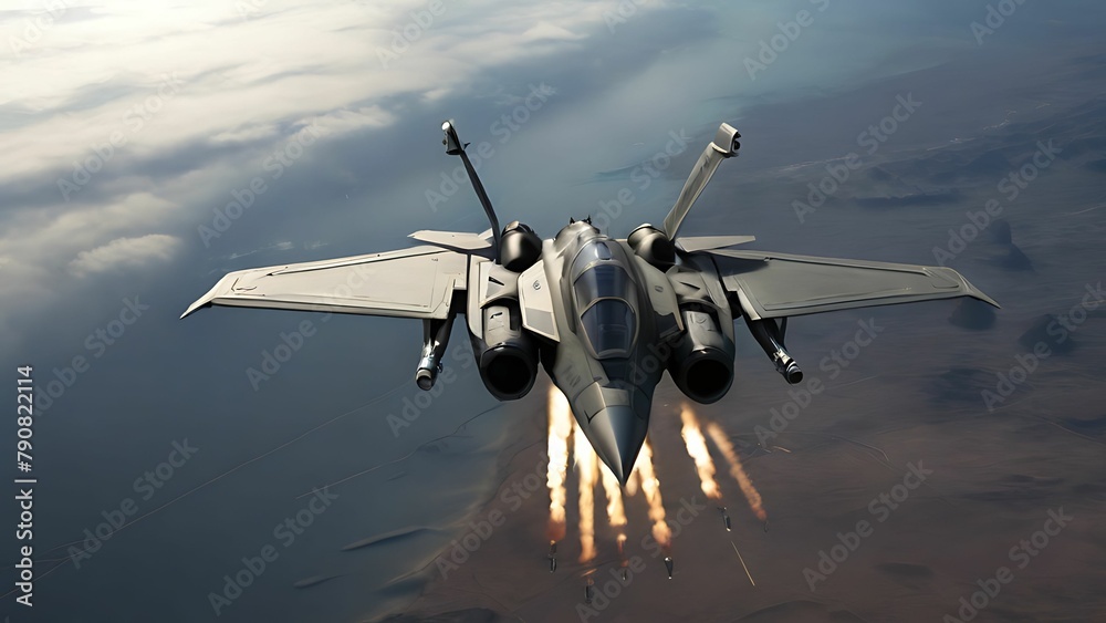Naklejka premium Military jet dropping missiles
