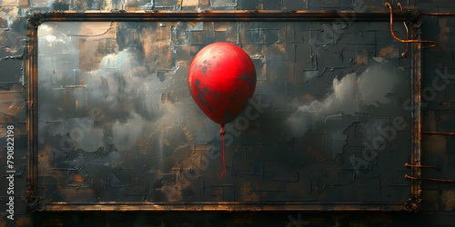 Oil Painting with Vintage Frame and Floating Red Balloon