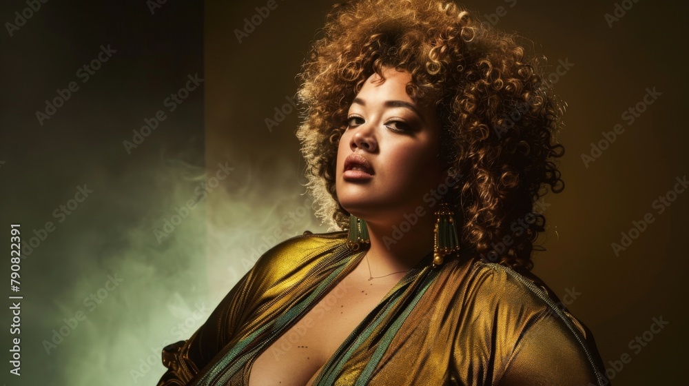 Glamorous Curly-Haired Woman with Golden Earrings Portrait