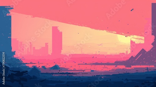 Futuristic Cityscape at Sunset with Vibrant Pink and Blue Hues