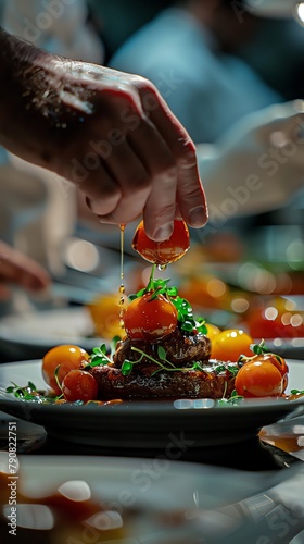 Gourmet kitchen, chef preparing a complex dish, highend appliances, medium shot, professional and precise photo