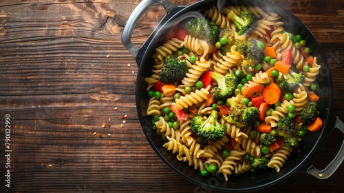 A top view of a steaming bowl of pasta colorful vegetables like broccoli, peas, carrots, and bell peppers tossed with al dente pasta in a light and flavorful sauce.