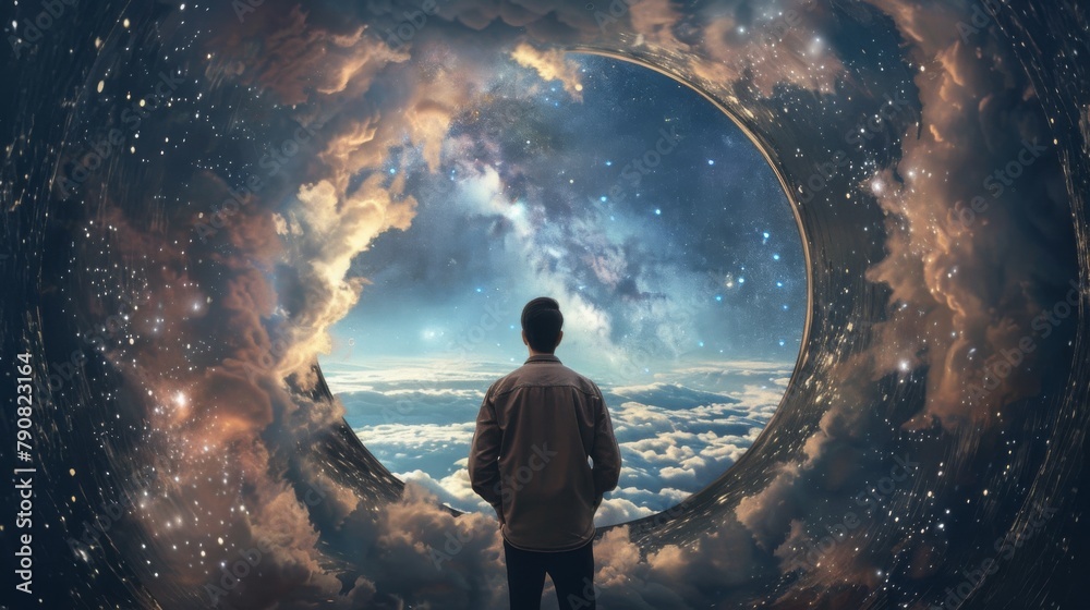 Fototapeta premium Man Contemplating Vast Universe Through Cosmic Portal