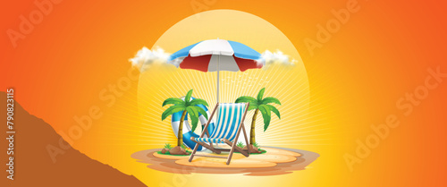 summer sale template. Composition of blue glass board with cute beach. Concept of island vacation. Summer holiday beach vacation concept banner, poster, festoon. Chairs on the sandy beach near the sea