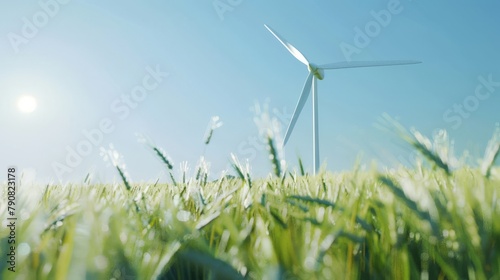 A photorealistic image of a wind turbine spinning against a clear blue sky  with a field of green wheat swaying gently in the breeze below 