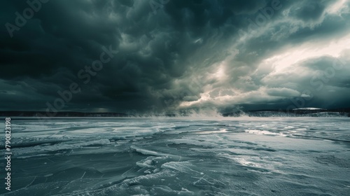 A photorealistic image of a winter storm brewing over a frozen lake, with dark clouds gathering overhead, wind whipping across the ice, and snow beginning to fall. photo