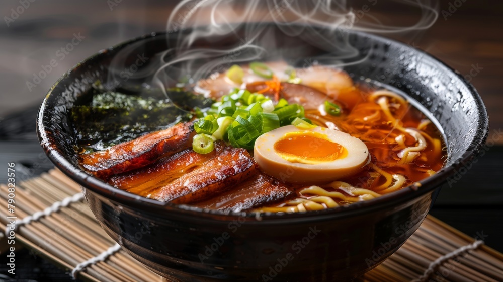 A steaming bowl of ramen in a rich broth, filled with perfectly cooked noodles, slices of pork belly, a soft-boiled egg, seaweed, and green onions. A steaming bowl of ramen in a rich broth, filled with perfectly cooked noodles, slices of pork belly, a soft-boiled egg, seaweed, and green onions.