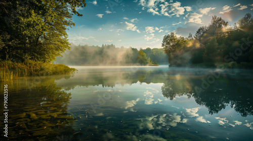 Morning mist floating over the crystal lake, creating a picturesque landscape.