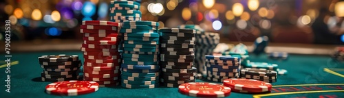 Highstakes poker game, players focused, chips and cards on table, closeup, intense and strategic