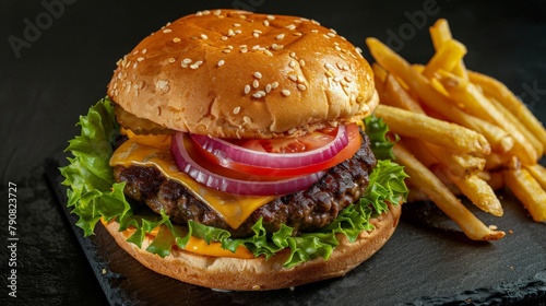 A top view of a juicy burger on a toasted bun with melted cheese, crisp lettuce, tomato, red onion, and a side of golden fries.