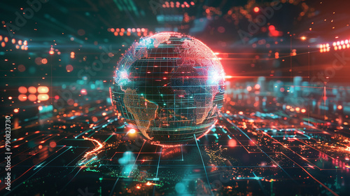 A 3D-rendered scene depicting a global network represented as a neon-lit circle globe, where nanotechnology circuits and nodes interlace across continents photo