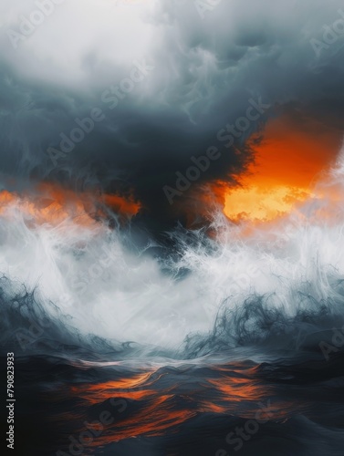 Moody Storm Clouds Over Fiery Sunset, Dramatic Gray and Orange Sky.