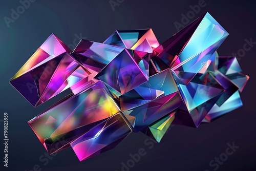 Colorful Holographic Geometric Shapes Stack on Dark Background - 3D Digital Art in Blue, Purple, and Green