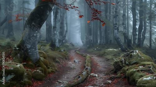 Misty Trail through Ancient Trees, generative ai