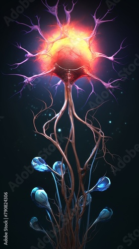 A digitally created image portraying a tree with neural network-inspired branches glowing in warm hues, adorned with blue synaptic bulb structures. photo