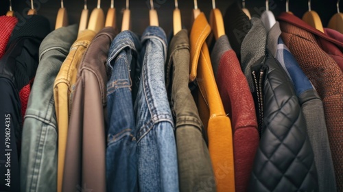 A row of jackets and coats hanging on a rack