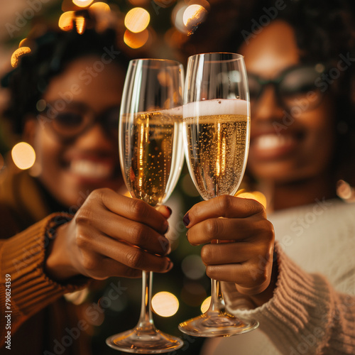 Two Women Holding Champagne Flutes in Front of a Christmas Tree