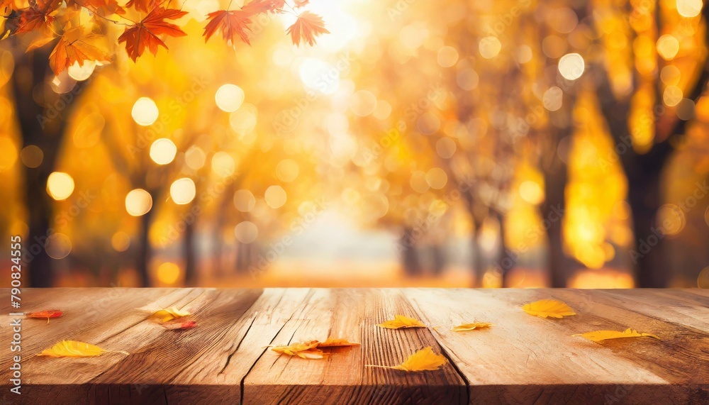 Harvest Season: Wooden Table on Autumn Blur Background