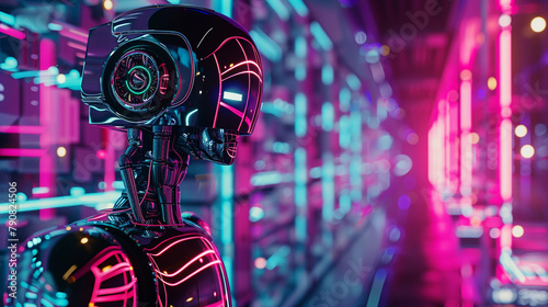 A 3D-rendered scene depicting the robotic AI entity as it enters a Virtual Reality landscape, its metallic body reflecting the vibrant neon lights of the digital world it's exploring