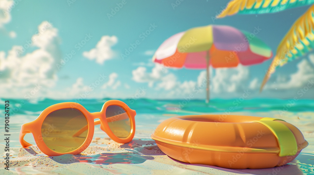A 3D-rendered scene focusing on a playful arrangement where the sunglasses and rubber ring are prominently featured in the foreground, with the umbrella providing colorful shade in the background A 3D-rendered scene focusing on a playful arrangement where the sunglasses and rubber ring are prominently featured in the foreground, with the umbrella providing colorful shade in the background