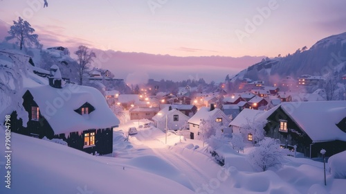 Idyllic Snowy Village at Twilight. Winter Wonderland Serenity