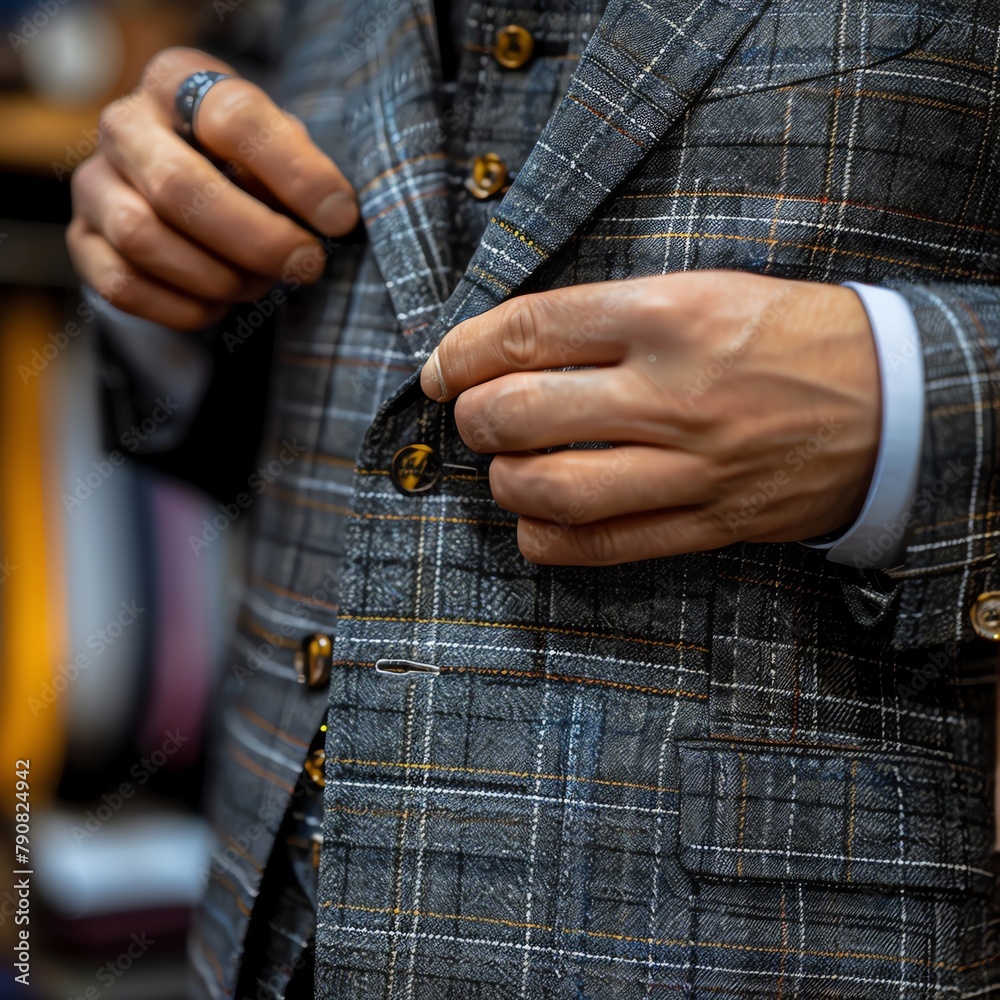 High fashion tailor shop, tailor fitting suit on client, elegant fabrics, closeup, meticulous and stylish High fashion tailor shop, tailor fitting suit on client, elegant fabrics, closeup, meticulous and stylish