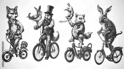 Fox on a bicycle Cat juggler turtle on a scooter, generative ai
