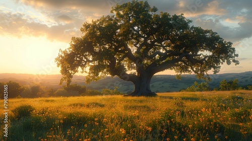 Majestic Oak Tree in Morning Light, generative ai