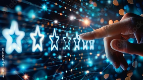 Online store rating concept. Hand pointing to stars to decide the rating for specific ecommerce product.