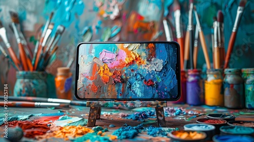 Creative Fusion: Smartphone and Paintbrushes, generative ai photo