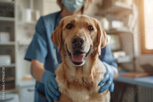 cute dog at vet clinic, annual vaccination, doctor making injection, wearing medical gloves. ai generated