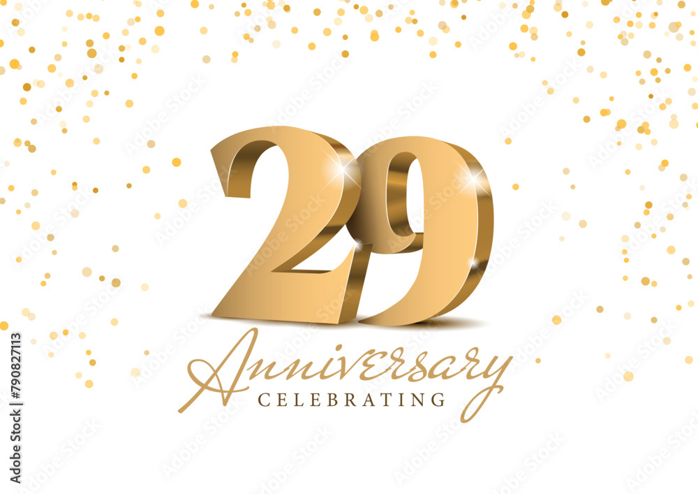 Anniversary 29. gold 3d numbers. Poster template for Celebrating 29th anniversary event party. Vector illustration