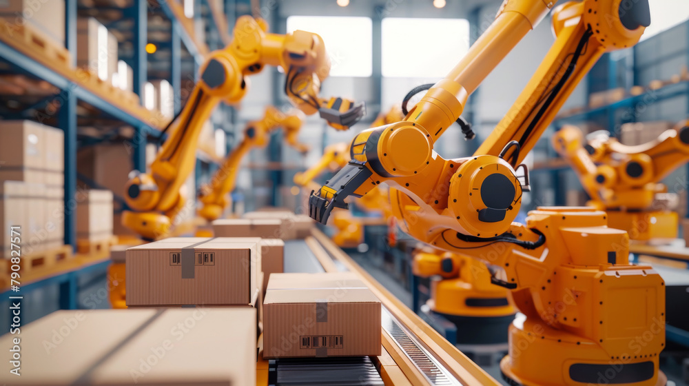 Twin yellow robotic arms stand ready in a distribution warehouse ...