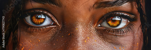 Close-up view of a womans face showing vivid yellow eyes, highlighting the unique eye color of the subject