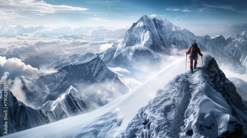Solitary Mountaineer Trekking Snowy Alpine Ridge at Dusk © Oksana Smyshliaeva