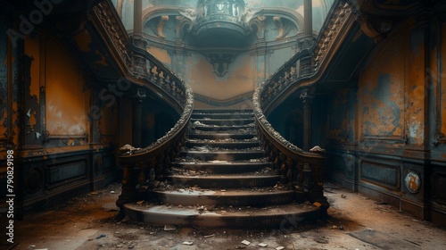 Forgotten Opulence: The Grand Staircase of an Abandoned Manor, generative ai photo