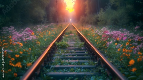 Sunset Serenity: Abandoned Forest Railroad, generative ai