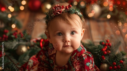 Baby girl in a festive holiday dress, posing with Christmas decorations on the runway