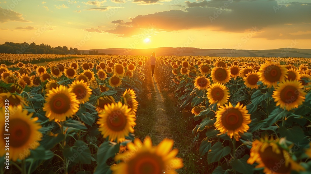 Fototapeta premium Radiant Sunflower Field at Dusk, generative ai